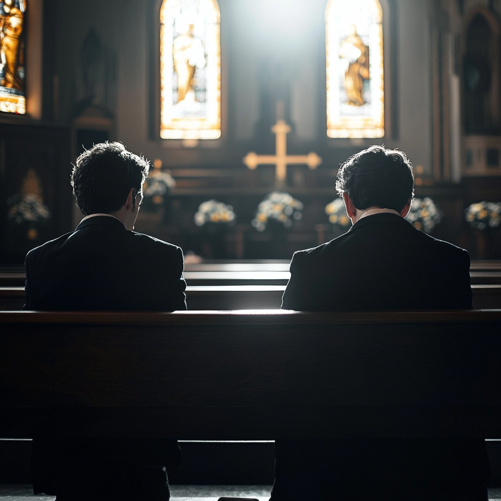 Two men sitting in a church pew facing a cross, flowers, and ornamental glass windows - Enhancing Customer Experience Through Life Insurance Assignments with Family Funeral Funding