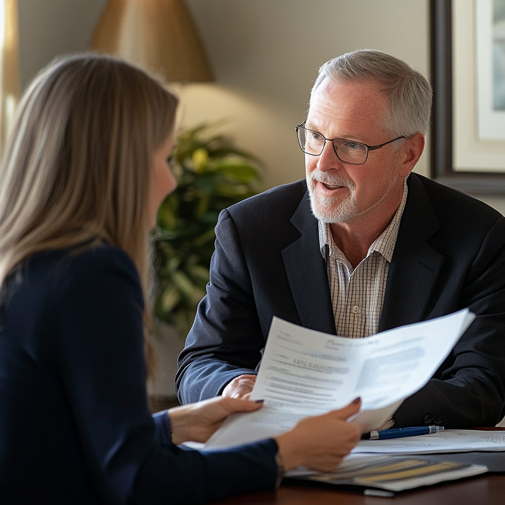 Man and woman discussing funeral options over a desk - Simplifying life insurance assignments with Family Funeral Funding